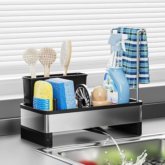 Kitchen Sink Organiser,Kitchen Sink Sponge Holder With Brush Holder,Rag Drain Rack, Bathroom Organizer, Sink Faucet Sink Ra